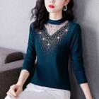 3/4-sleeve Embellished Mesh Panel Mock-neck Top