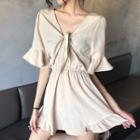 Elbow-sleeve Frill-trim Front-knot Playsuit Almond - One Size