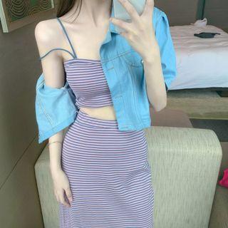 Stripe Crop Camisole / Stripe Midi Skirt / Short-sleeve Button Crop Top