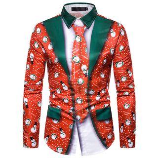 Mock Two-piece Long-sleeve Christmas Shirt