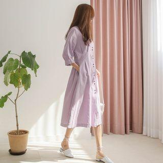 Puff-sleeve Pleated Button-detail Long Dress