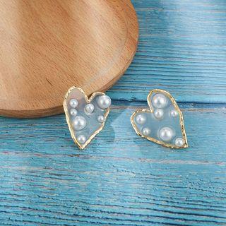 Faux Pearl Alloy Heart Earring 1 Pair - 8278 - One Size
