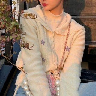 Floral Embroidered Collared Knit Cardigan