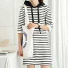 Elbow-sleeve Striped Mini A-line Hoodie Dress