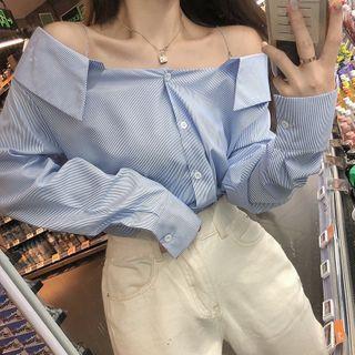 Rhinestone Strap Striped Button Top
