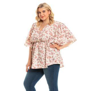 Plus Size Batwing Sleeve V Neck Floral Print Blouse