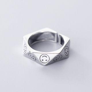 925 Sterling Silver Smiley Face Diamond-cut Open Ring S925silver - Ring - One Size