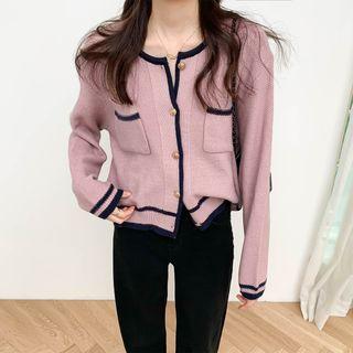 Round-neck Two Tone Button-up Knit Cardigan