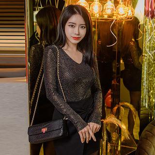 V-neck Sequined Slim-fit Top Gold - One Size