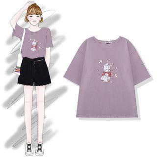 Elbow-sleeve Cartoon Rabbit Printed T-shirt