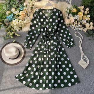 Long-sleeve Dotted Wrap Midi A-line Dress