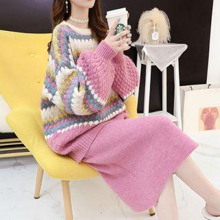 Set: Puff-sleeve Chunky Knit Sweater + Skirt