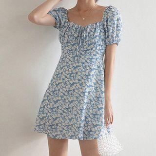 Bow-detail Puff-sleeve Floral Print Mini Dress