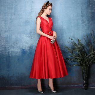 Bow V-neck Midi Cocktail Dress