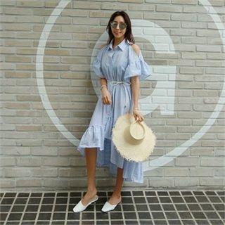 Cutout-shoulder Dip-back Stripe Shirtdress With Sash