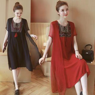 Short-sleeve Embroidered Chiffon Dress