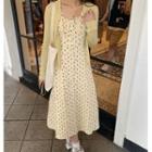 Long-sleeve Ruffle Trim Plain Knit Cardigan / Floral Ruffle Trim Strappy Midi Dress