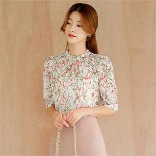 Tall Size Floral Print Shirred Blouse