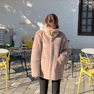 Buckle-neck Faux-fur Boxy Jacket Cocoa - One Size