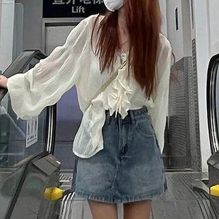 Ruffle Trim Blouse / Denim Mini A-line Skirt / Set