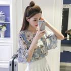 Floral Print Elbow-sleeve Cold-shoulder Chiffon Top