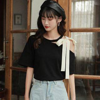 Ribbon Cold-shoulder Elbow-sleeve Top