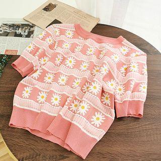 Flower Print Short-sleeve Knit Top Pink - One Size