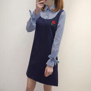 Mock Two-piece Long-sleeve Striped Panel Dress