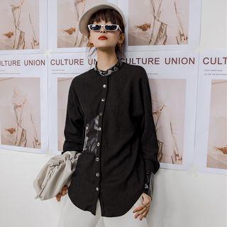 Faux Leather Panel Crinkle Blouse