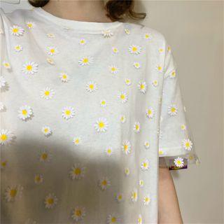 Mock Two-piece Elbow-sleeve Floral T-shirt