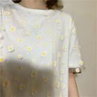 Mock Two-piece Elbow-sleeve Floral T-shirt