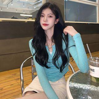 Long-sleeve Irregular Knit Top Blue - One Size
