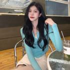 Long-sleeve Irregular Knit Top Blue - One Size