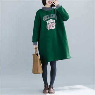 Printed Mock Turtleneck Midi Pullover Dress Dark Green - One Size