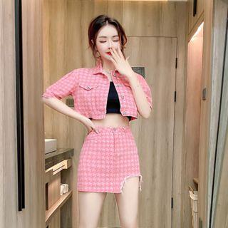 Set: Short-sleeve Houndstooth Cropped Denim Jacket + Mini Pencil Skirt