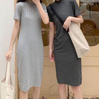 Plain Short-sleeve Midi Sheath T-shirt Dress