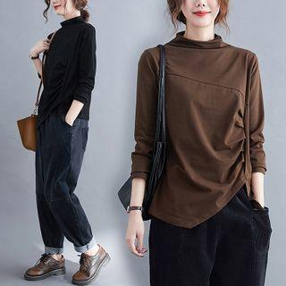 Long-sleeve Mock Neck Crinkled T-shirt