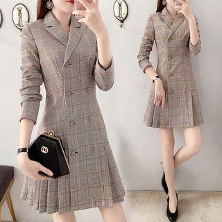 Double-buttoned Plaid Lapel Collar Sheath Dress