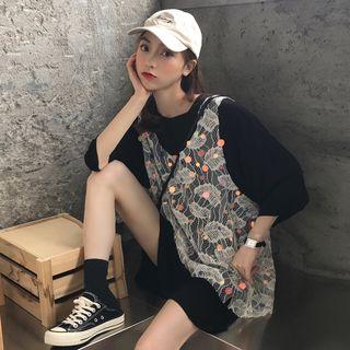 Elbow-sleeve T-shirt / Lace Tank Top / Lettering Zip Jacket / Set