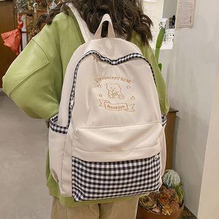 Bear Embroidered Checkered Backpack