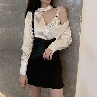 Long-sleeve Cold Shoulder Sequined Blouse