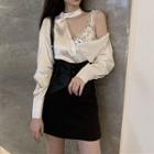 Long-sleeve Cold Shoulder Sequined Blouse