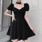 Puff-sleeve Chain-accent Mini A-line Dress