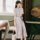 Short-sleeve Frog Button Midi A-line Lace Dress