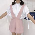 Set: Short-sleeve Frill Collar Blouse + Wide Strap Jumper Shorts Shirt - White - One Size / Shorts - Pink - One Size