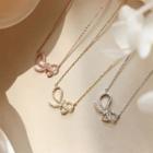 925 Sterling Silver Bow Pendant Faux Pearl Layered Necklace