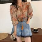 Balloon-sleeve Print Blouse / Denim Shorts