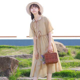 Set: Peter Pan Collar Short-sleeve A-line Midi Dress + Strappy Dress