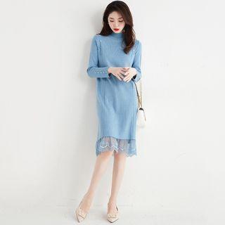 Long-sleeve Lace Trim Knit Shift Dress