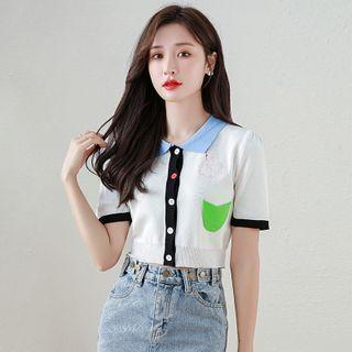 Cropped Color Block Knit Polo Shirt White - One Size